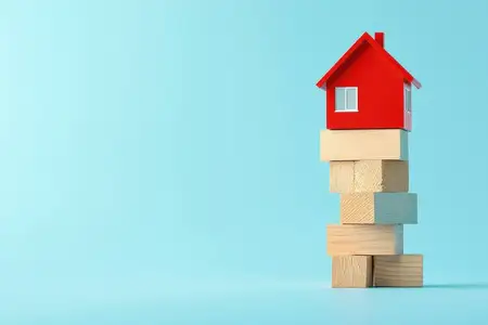 Красочная модель красного дома аккуратно размещена на деревянных блоках, символизируя строительство, стабильность, жилье и темы недвижимости, на фоне освежающего голубого фона