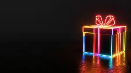 Красиво подсвеченная неоновая подарочная коробка с яркой лентой на черном фоне, создающая эффектный и праздничный образ