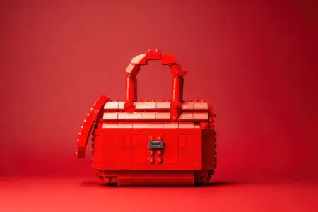Креативная, привлекающая внимание красная сумочка из кубиков LEGO на соответствующем красном фоне, демонстрирующая художественное мастерство