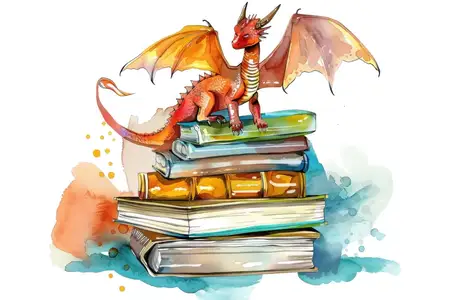 Фантастический дракон сидит на стопке книг с акварельными брызгами