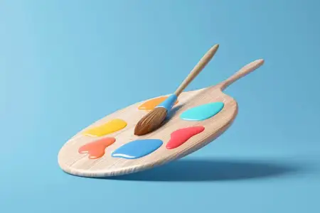Деревянная палитра с краской и кистью на синем фоне, 3D-иллюстрация художественных инструментов и принадлежностей для творчества