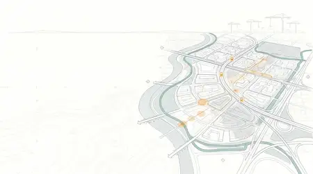 Чистая сцена городского планирования в стиле линейного рисунка с транзитными коридорами, зелеными районами и слоями инфраструктуры для использования в гражданских презентациях