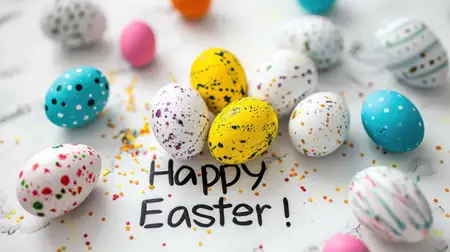 Разноцветные пасхальные яйца с текстом Happy Easter на белом фоне