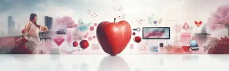 На фоне изображены символы еды, красный цвет, свежесть, романтика, природа и день
