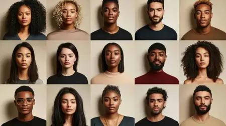 Разнообразная коллекция портретов, на которых изображены модели с различными прическами и выражениями лиц на нейтральном фоне