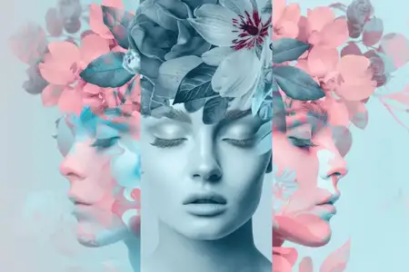 Творческое сочетание красоты и природы: женское лицо с наложением цветов в голубых и розовых тонах