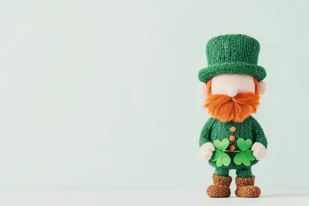 Очаровательная вязаная фигурка лепрекона в зеленом костюме с трилистниками