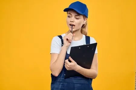 Женщина в рабочей униформе, документы, курьерская служба, желтый фон