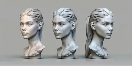 Реалистичная 3D-визуализация женского бюста с тонкими деталями волос и черт лица, представленная в трех ракурсах на однотонном фоне