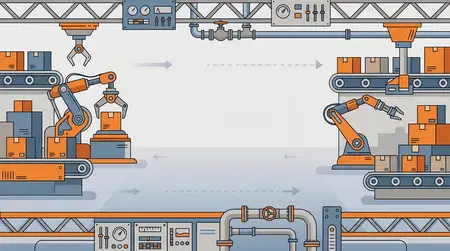 Современная плоская иллюстрация конвейерной системы завода с роботизированными манипуляторами, коробками с продукцией и структурными балками, обрамляющими чистое открытое пространство для текста, в…