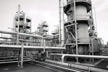 Нефтеперерабатывающий завод: металлические трубы, колонны, резервуары и технологическое оборудование