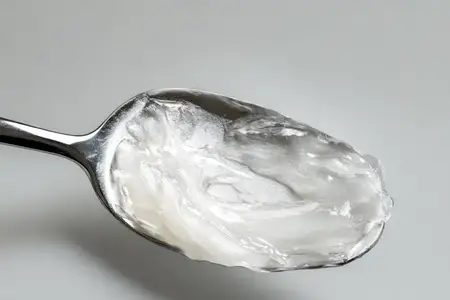 Крупный план серебряной ложки, держащей глянцевый косметический крем