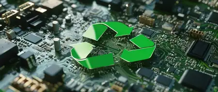Крупный план зелёного символа переработки на печатной плате, подчёркивающий экологически чистые технологии, устойчивость в электронике и необходимость переработки в инновациях и экологической…