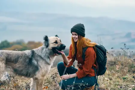 Женщина-туристка отдыхает на природе во время отпуска, играя с собакой