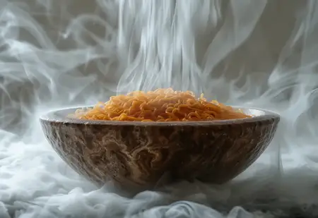 Вкусная еда в дымящейся миске на столе, с поднимающимся над блюдом туманом