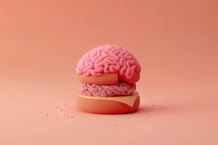 Необычная концепция бургера с мозгом внутри на розовом фоне, представляющая связь между медицинской и пищевой промышленностью