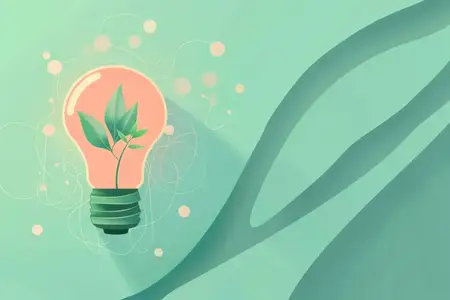 Инновационная лампочка с прорастающим растением на пастельно-зеленом фоне с абстрактными узорами