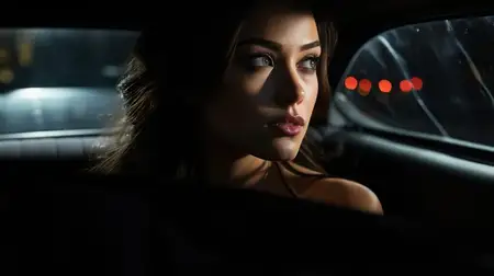 Стильная леди в красном автомобиле, выглядящая гламурно и уверенно, на современной городской улице ночью