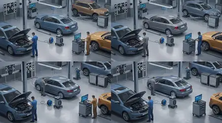 Реалистичный 3D-паттерн сервисного центра: автомобили, диагностическое оборудование, тележки и техники, работающие в ритмичном макете автомобильных технологий