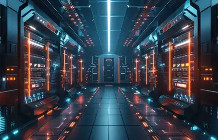 Высокотехнологичная серверная комната с освещёнными стойками, отражающая современную цифровую среду в ярких цветах