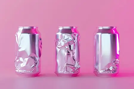 Коллекция алюминиевых банок на розовом фоне с 3D-рендерингом