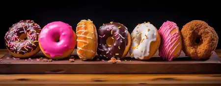 Вкусный глазированный пончик на деревянной десертной тарелке, соблазнительное угощение для праздничного калорийного наслаждения