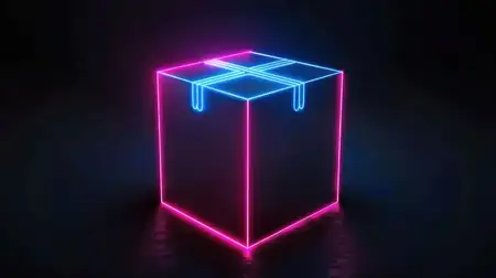 Современный 3D-рендер подарочной коробки, очерченной неоново-синим и розовым цветом с блестящей поверхностью, на темном фоне