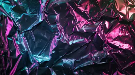 Блестящая мятая алюминиевая фольга демонстрирует смесь синих, розовых и фиолетовых оттенков, создавая завораживающий абстрактный узор