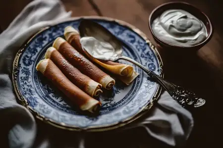 Вкусные рулетики из блинчиков на декоративной тарелке в сопровождении сметаны, идеально подходят для завтрака или десерта, отличаются теплыми тонами и домашней обстановкой