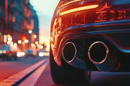 Крупный план выхлопных труб стильного спортивного автомобиля, отражающий яркую городскую атмосферу на закате, подчеркивающий современный автомобильный дизайн и динамичные эмоции
