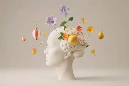 Человеческая голова, украшенная цветами и фруктами, представляющая концепцию красоты и природы в искусстве и моде