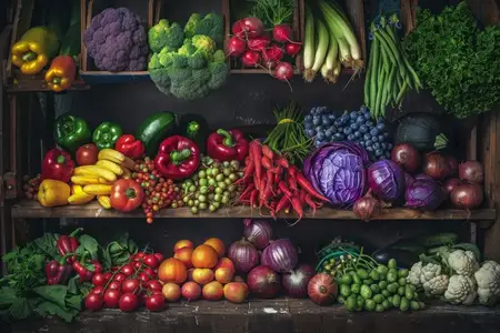 Ассорти свежих фруктов и овощей, представленных на полке в продуктовом магазине