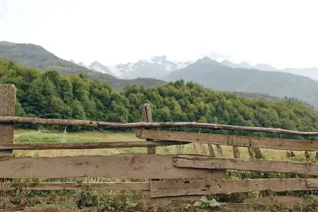 Забор, луг, горы, лес, сельский пейзаж, деревенская местность, природа, деревянный