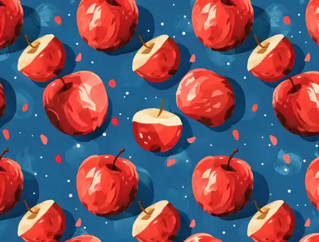 Яблочное наслаждение: яркий бесшовный узор из сочных яблок на звездном синем фоне