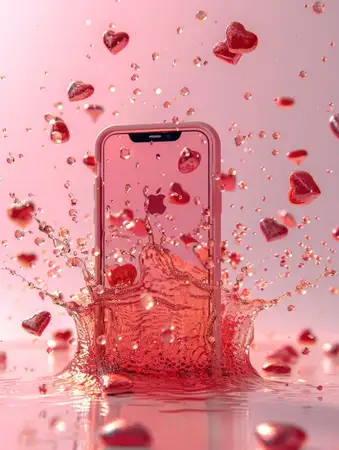 Забрызганный водой iPhone с пузырьками в форме сердечек на заднем плане