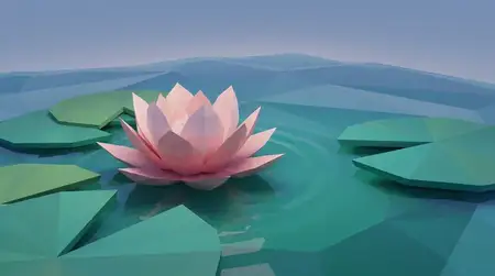 Цветок лотоса в стиле low poly на безмятежном пруду со стилизованной водой и листьями для брендинга в сфере велнеса, спа и медитации