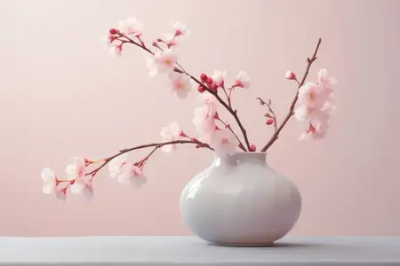 Ветка сакуры, природа, вишневый сезон, розовый фон, цветочное растение, цветы, фон, украшение, дерево, красота, букет, флора, свежая весна, цветение, интерьер, белая ваза