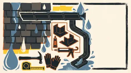 Макет в стиле трафаретной печати сверху вниз с черепицей, водостоками, отливами и инструментами для маркетинга услуг по кровле