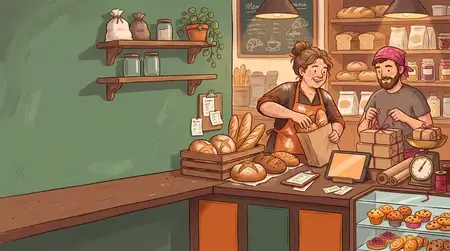 Нарисованная от руки сцена: сотрудники маленькой пекарни упаковывают заказы рядом с чистым свободным пространством