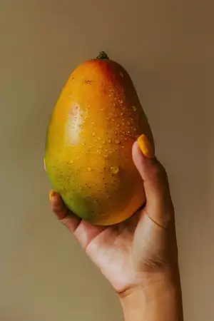 Яркое манго, частично зеленое и оранжевое, в руке с желтыми ногтями на гладком нейтральном фоне