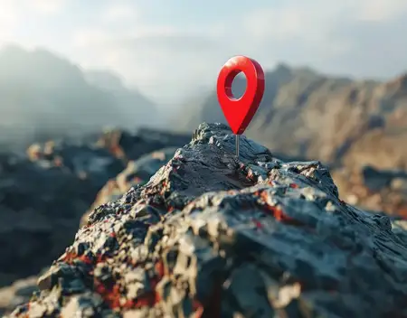 Красная булавка на вершине скалы среди гор, 3D-изображение