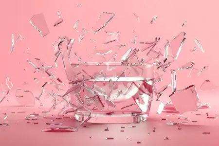 В 3D-рендеринге изображён стакан с водой и осколками на розовом фоне, что используется для концептуального искусства и создания проектов красоты