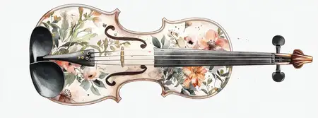 Яркая иллюстрация цветочной скрипки в солнцезащитных очках, передающая суть творчества, музыки и лета