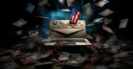 Победа решения в Америке: ретро-иллюстрация руки, держащей красно-бело-синий избирательный бюллетень с американским флагом, символизирующая демократию и избирательную систему в США, на фоне цифровых…