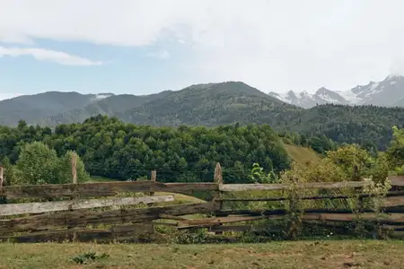Забор, луг, лес, горы, пейзаж
