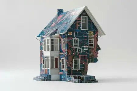 Уникальная скульптура дома, сочетающая традиционную архитектуру с современными электронными схемами и силуэтом человеческого лица, на светло-сером фоне