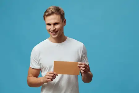 Счастливый улыбающийся молодой светлокожий мужчина держит в руках пустой конверт
