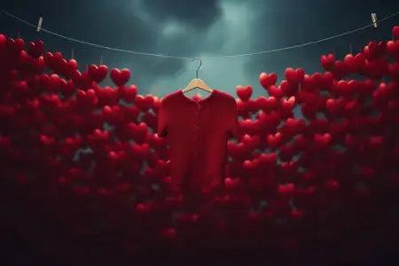 На фоне в форме сердца висит платье на вешалке, создавая романтичную и модную композицию
