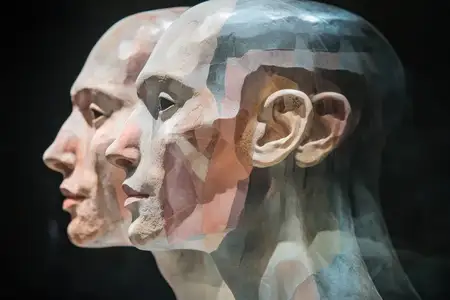 Эта абстрактная скульптура изображает три человеческие головы, которые вызывают различные эмоции благодаря сложным деталям и ярким цветам, идеально подходит для тем идентичности и современного…