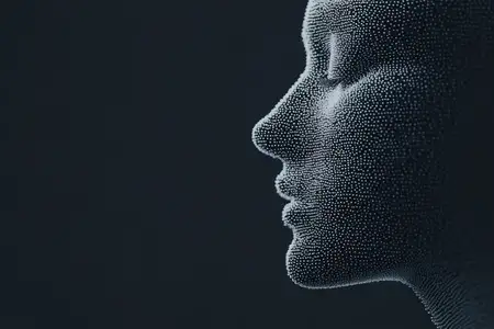 Задумчивая созерцательная сцена, подчеркивающая цифровую скульптуру и минималистичный портрет; тихая тайна, баланс и элегантность, выраженные через свет, тень, форму и тонкую геометрию
